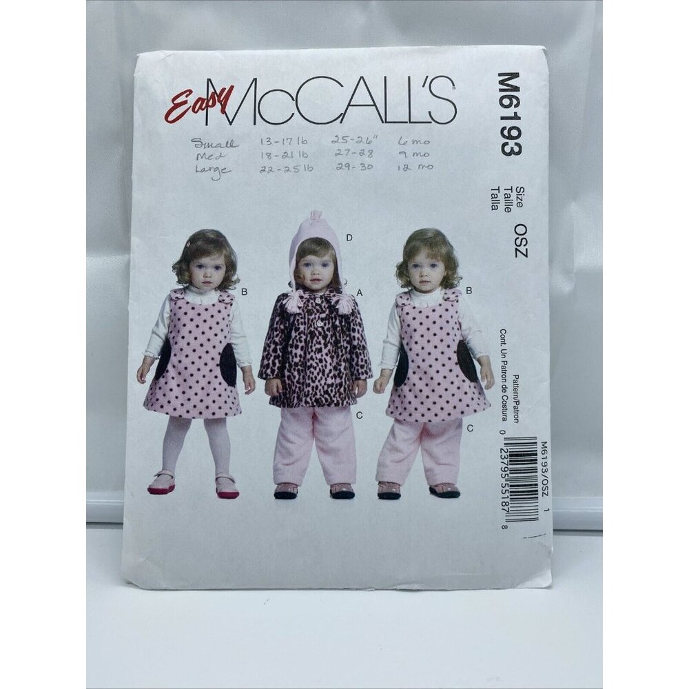 McCalls M6193 Size S M L Jacket Jumper Pant Hat Infant Girl Cut Sewing Pattern